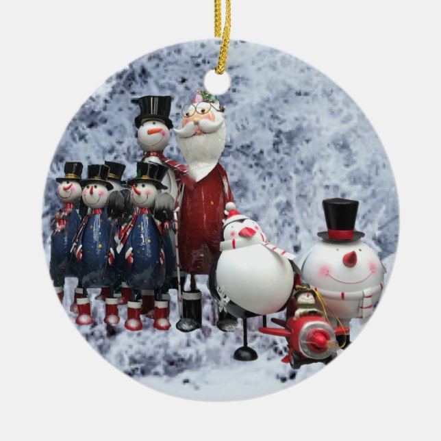Christmas Tin Choir, with Santa, Snowman, Penguin Ceramic Ornament (Front)