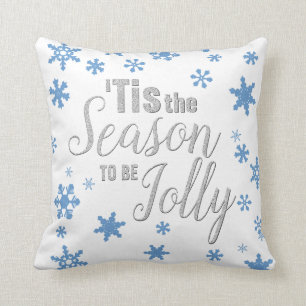 Christmas Tis the Season Snowflake Blue Silver Cushion