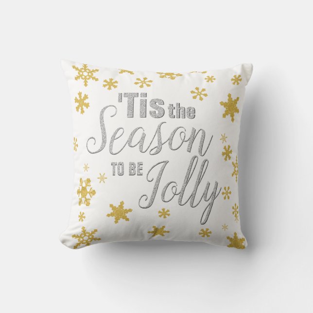 Christmas Tis the Season Snowflake Silver Gold Cushion (Front)