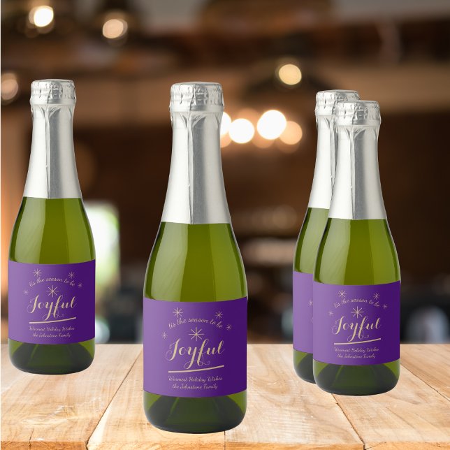 Christmas tis the Season to be Joyful Cute Mini Sparkling Wine Label (Add some extra sparkle with these Joyful purple and gold sparkling wine bottle labels.)