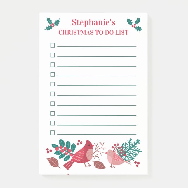 Christmas To Do List Berries Birds Personalised Post-it Notes (Front)