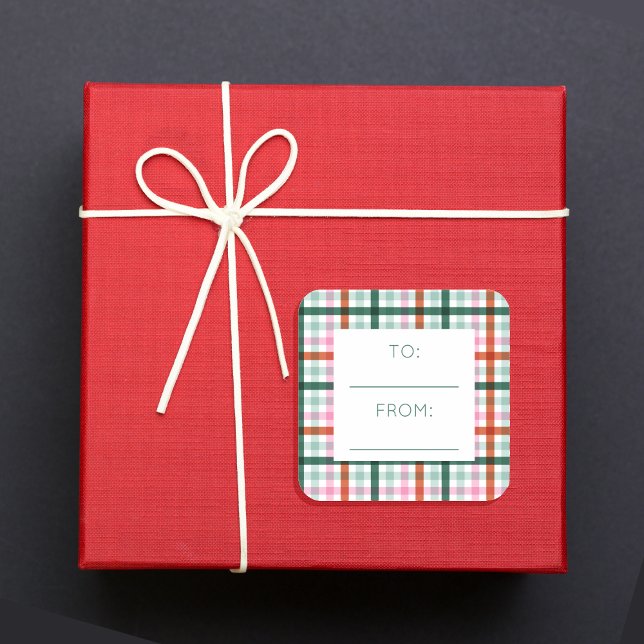 Christmas To From Gingham Green Pink Red Square Sticker (Gingham To From square stickers. Match with our modern gingham holiday gift wrapping collection)