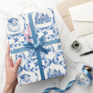 Christmas toile featuring Santa reindeer in blue Wrapping Paper