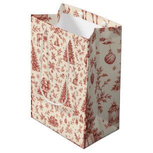 Christmas Toile Wallpaper, Traditional Red & Cream Medium Gift Bag