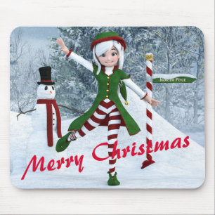 Christmas Toon Girl in a Winter Forest Mouse Pad