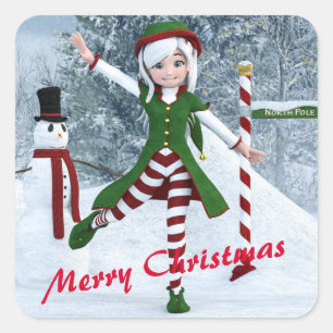 Christmas Toon Girl in a Winter Forest Square Sticker