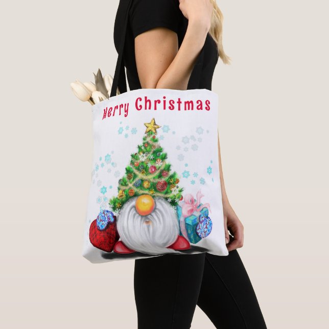 Christmas Tote Bag Gnome with Gift (Close Up)