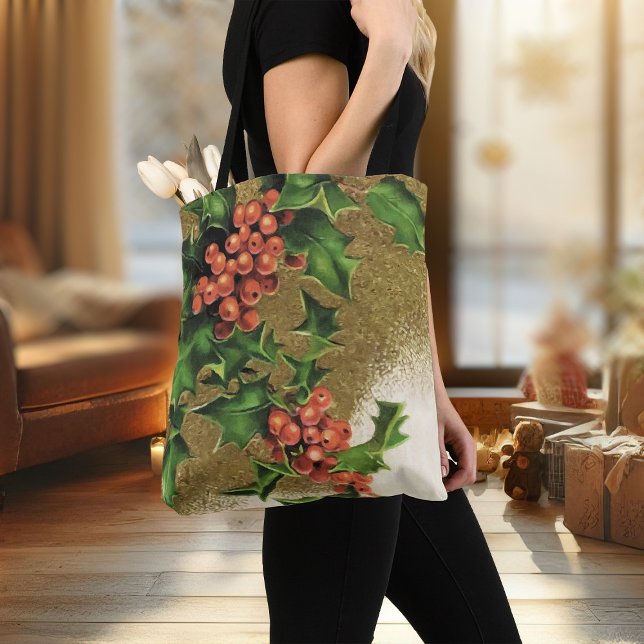 Christmas Tote Bag Vintage Santa Clause Retro Xmas (Womens tote bag with vintage Holly Berries Christmas tote bag)