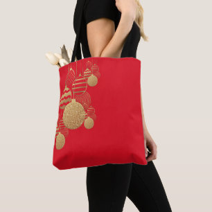 Christmas tote bag with baubles on red background