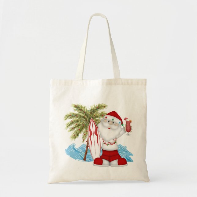 Christmas Tote with Tropical Santa and Surf Board Bag (Front)
