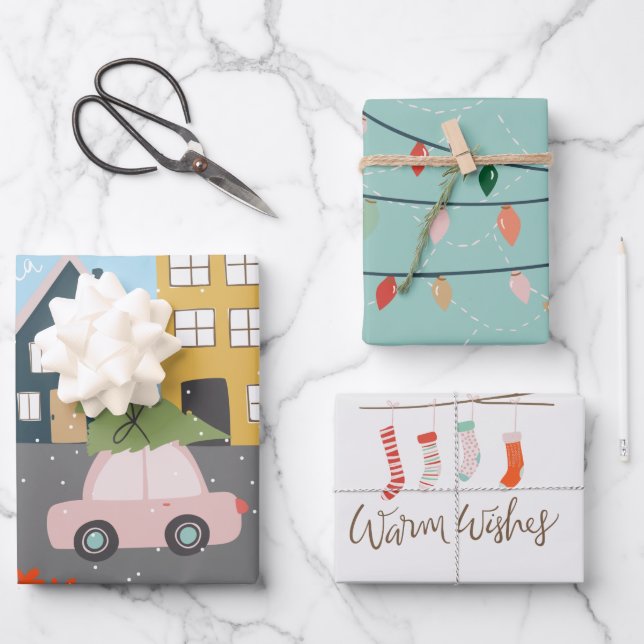 Christmas Town Fa la la la Lights Stockings Wrapping Paper Sheet (Front)