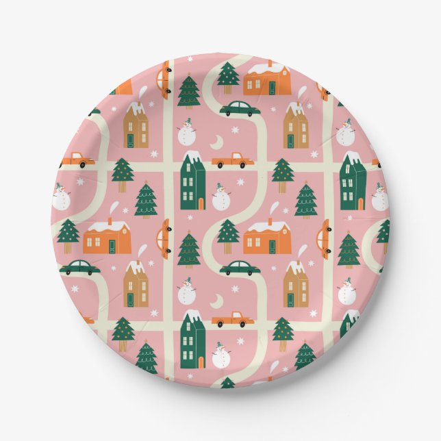 Christmas Town Holiday Map Pattern Paper Plate (Front)