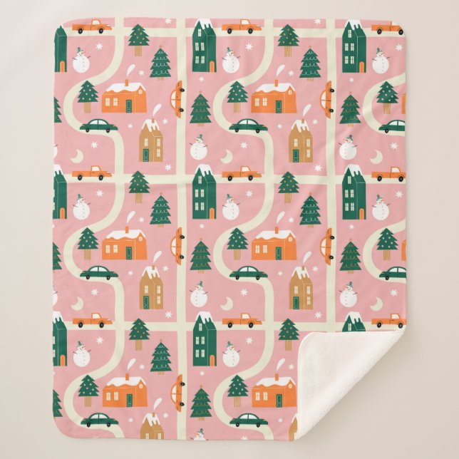 Christmas Town Holiday Map Pattern Sherpa Blanket (Front)