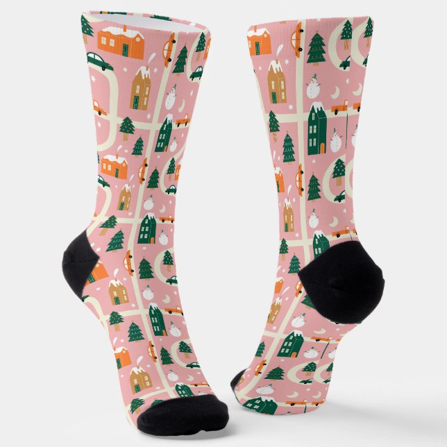 Christmas Town Holiday Map Pattern Socks (Angled)