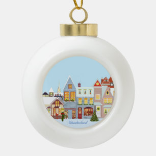 Christmas town houses with blue sky ceramic ball christmas ornament