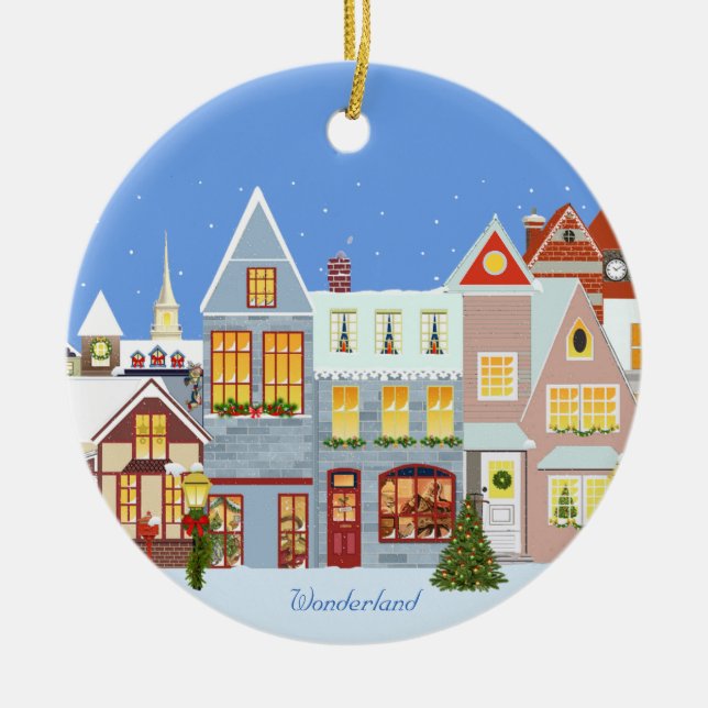 Christmas town houses with blue sky ceramic ornament (Front)