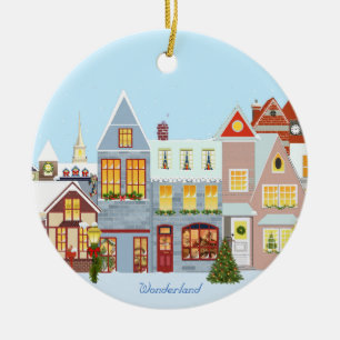 Christmas town houses with blue sky ceramic ornament