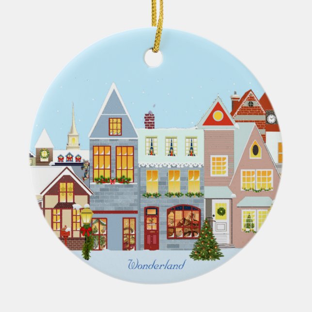 Christmas town houses with blue sky ceramic ornament (Front)