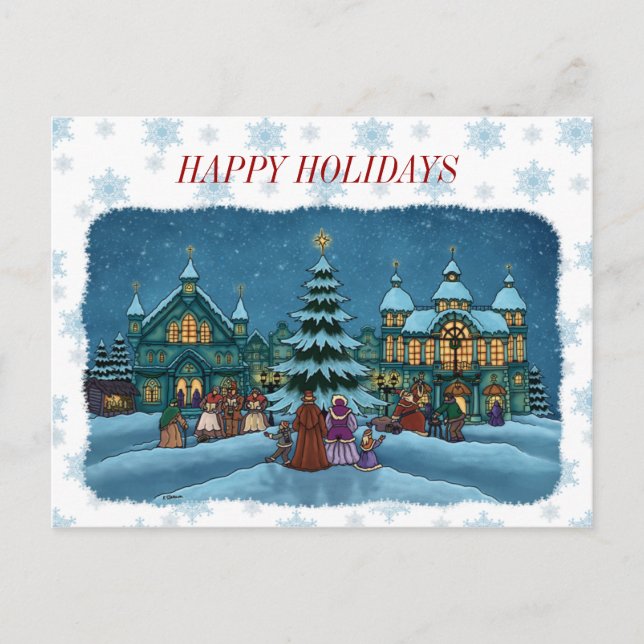 christmas town postcard snowy edge & text. (Front)