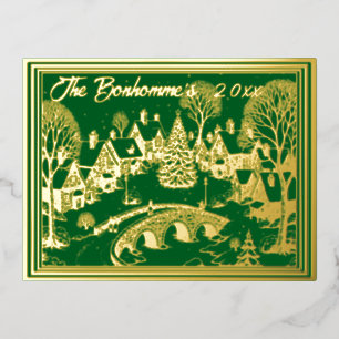 Christmas Town Scene in Gold with Green Foil Holiday Postcard