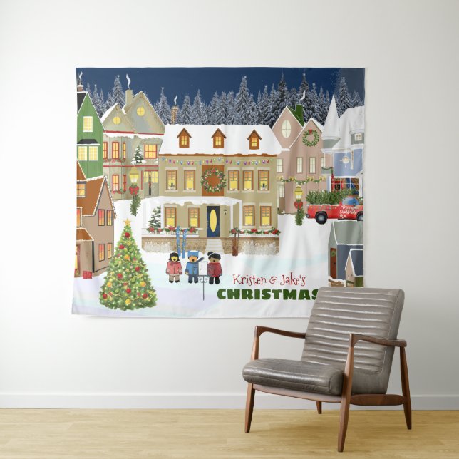Christmas Town Winter Wonderland Houses Caroling Tapestry (In Situ (Horizontal))