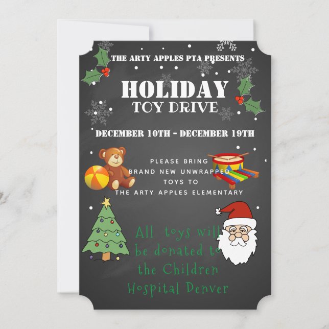 Christmas toy drive hospital school fundraiser invitation (Front)