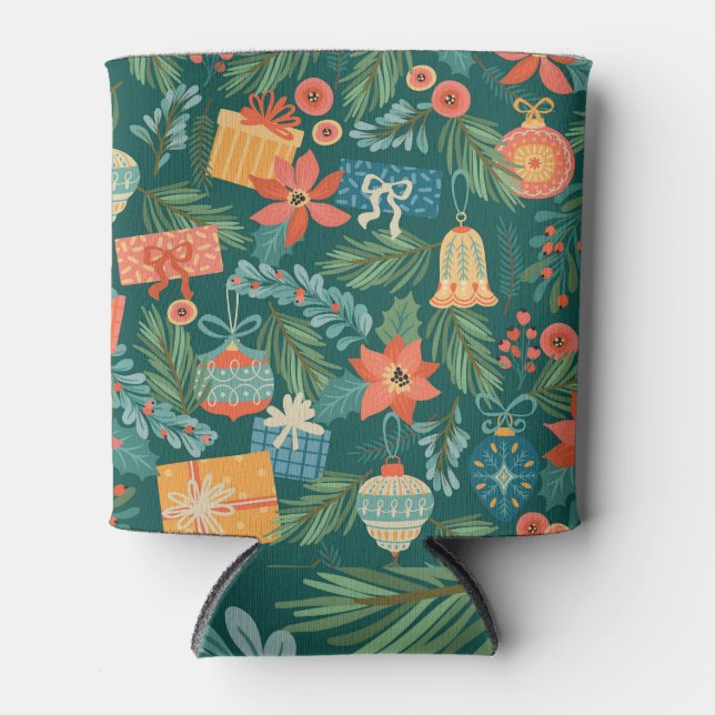 Christmas Toys, Trendy Retro Pattern. Can Cooler (Front)