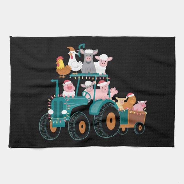 Christmas Tractor Farm Funny Holiday  Tea Towel (Horizontal)