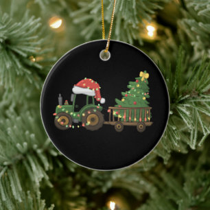 Christmas Tractor With Tree Farmer Farm Ceramic Ornament