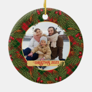 Christmas Traditional Plaid Tartan Wreath Photo Ceramic Ornament