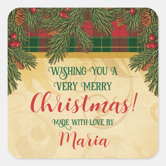Christmas Traditional Plaid Tartan Wreath Square Sticker (Front)