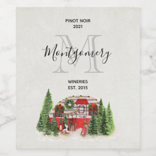 Christmas Trailer Camper Rustic Scene Wine Making Label