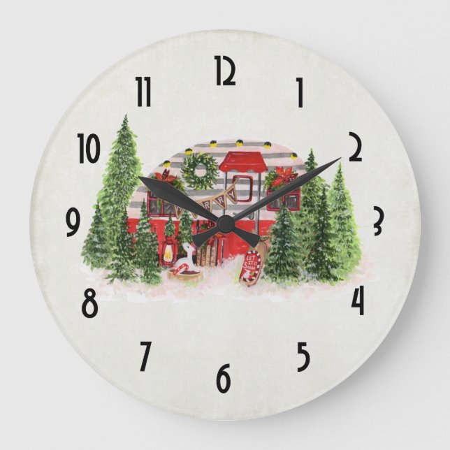Christmas Trailer Camper Rustic Theme Large Clock (Front)