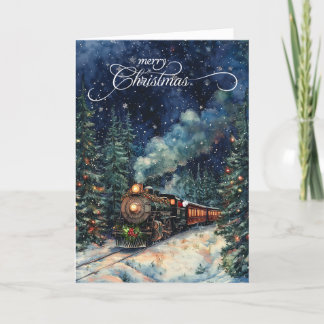 Christmas Train All Aboard Wintry Night Holiday Card