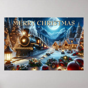Christmas Train Arriving in Snowy Village Poster