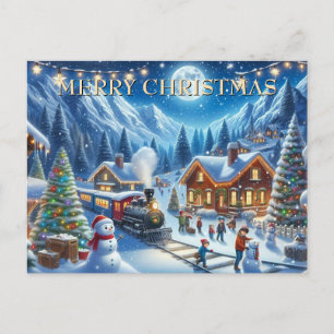 Christmas Train at Snowy Village Station Holiday Postcard