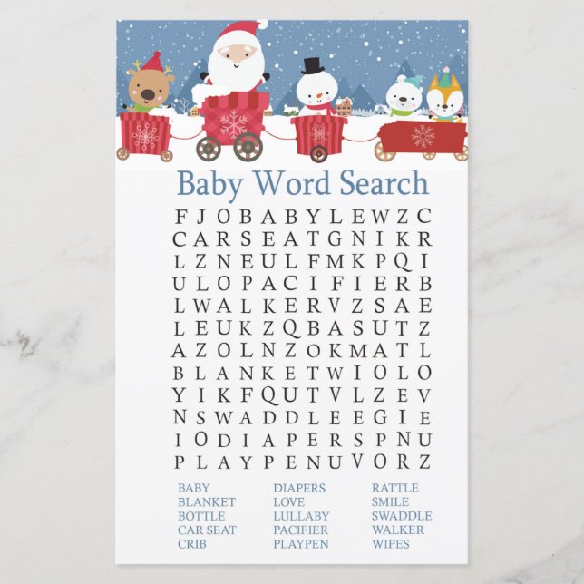 Christmas train Baby Shower Word Search Game (Front)