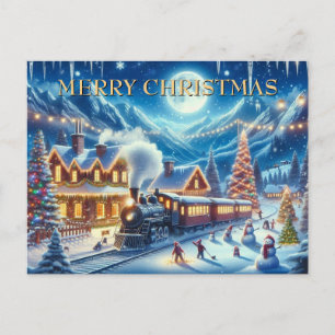 Christmas Train in Snowy Village with Children Holiday Postcard