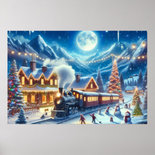 Christmas Train in Snowy Village with Children Poster