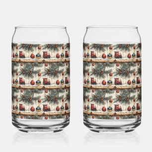 Christmas Train Ornaments Pine Branches Can Glass