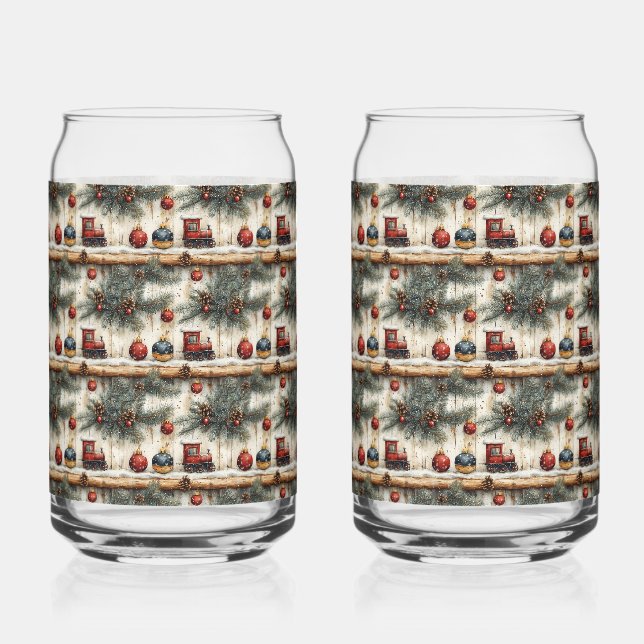 Christmas Train Ornaments Pine Branches Can Glass (Front)