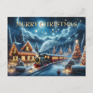 Christmas Train Passing Decorated Mountain Cottage Holiday Postcard