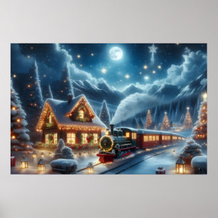 Christmas Train Passing Decorated Mountain Cottage Poster