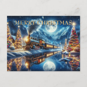 Christmas Train Reflected in Moonlit Lake Holiday Postcard