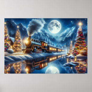 Christmas Train Reflected in Moonlit Lake Poster
