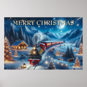 christmas train,snowy village,river reflection,dec poster