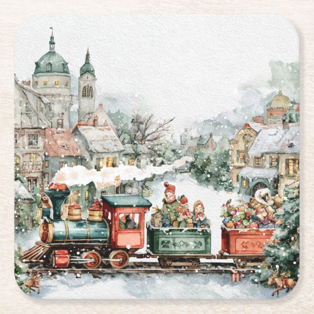 Christmas Train Square Paper Coaster (Front)