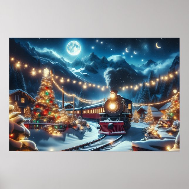 Christmas Train Under Crescent Moon and Lights Poster (Front)