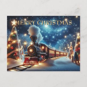 Christmas Train Under Moonlit Starry Sky Holiday Postcard