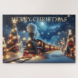 Christmas Train Under Moonlit Starry Sky Jigsaw Puzzle